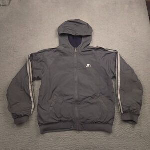 Starter Reversible Hooded Jacket Men L Gray Blue Full Zip Logo Vintage